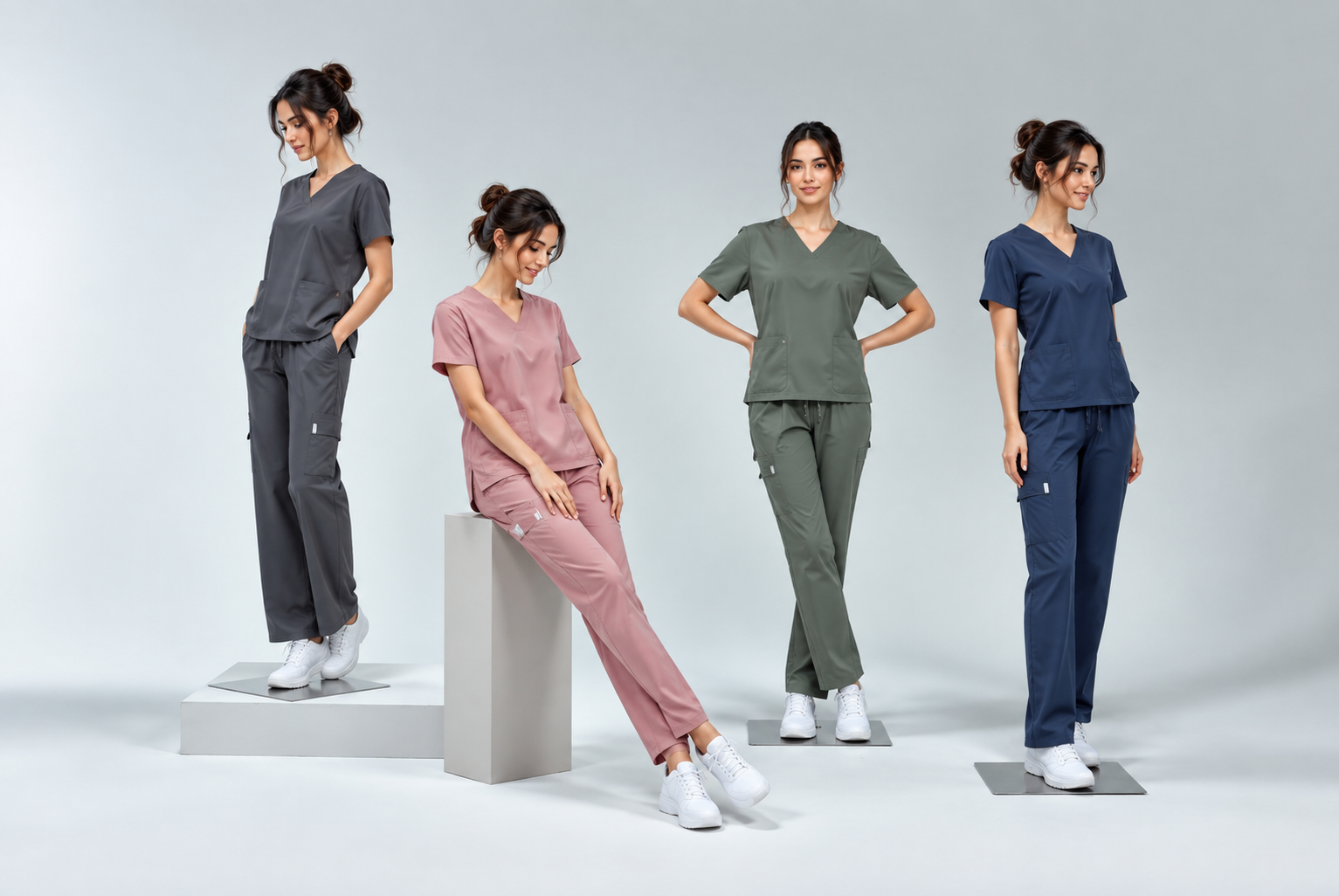 Four women wearing SmartFit scrub sets in charcoal, pink, olive and navy